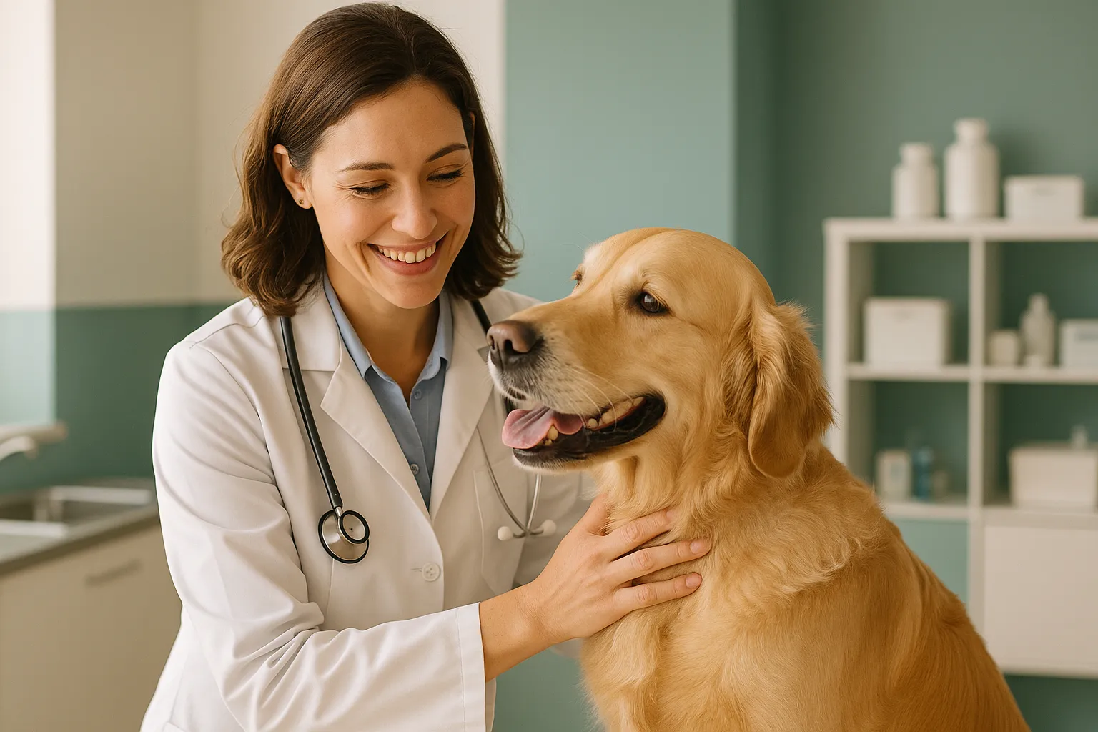 Veterinär undersöker en golden retriever på kliniken