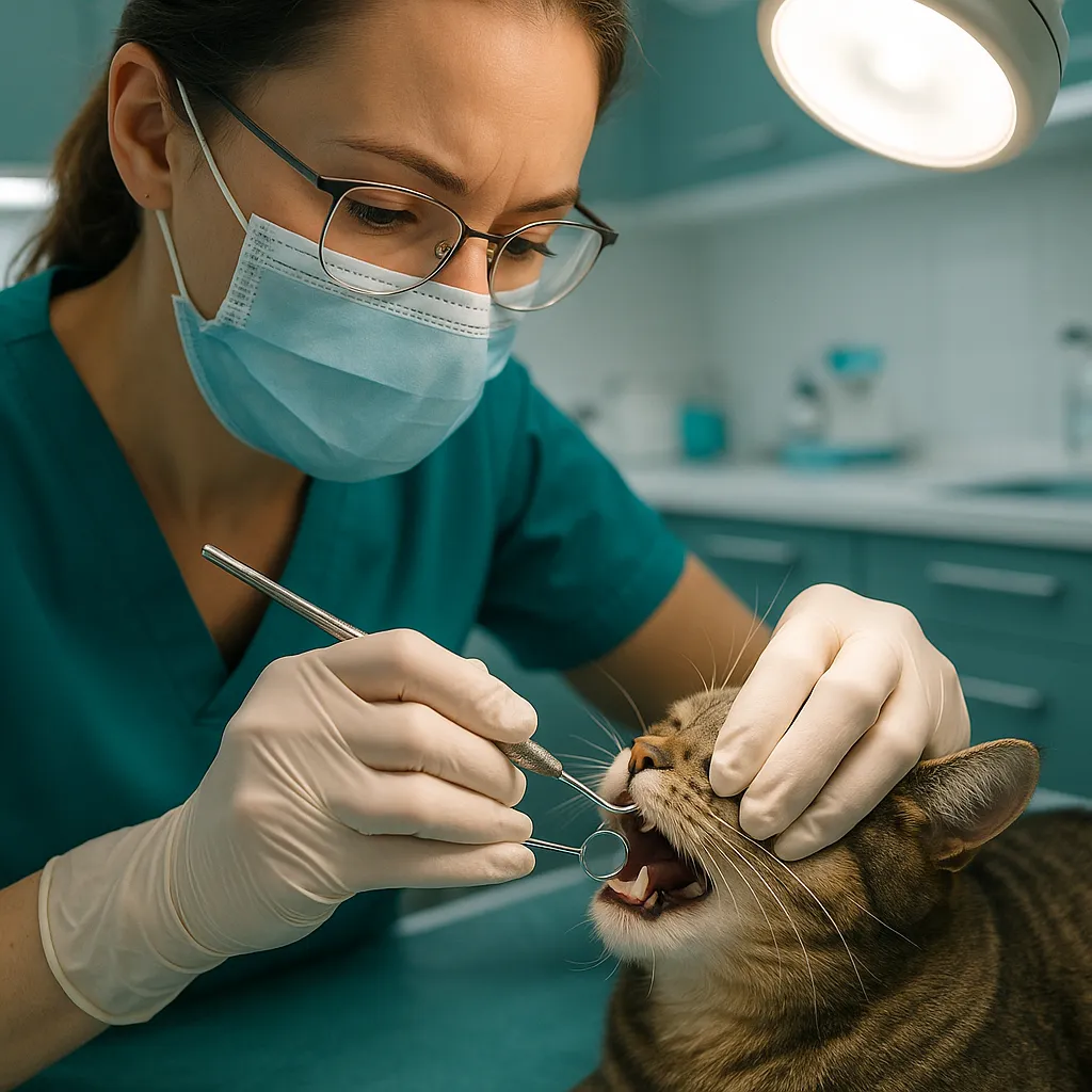 Veterinär utför tandundersökning på katt